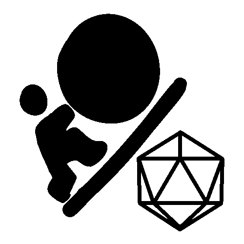 A black figure pushing a large rock up a slope, with a d20 in the corner.